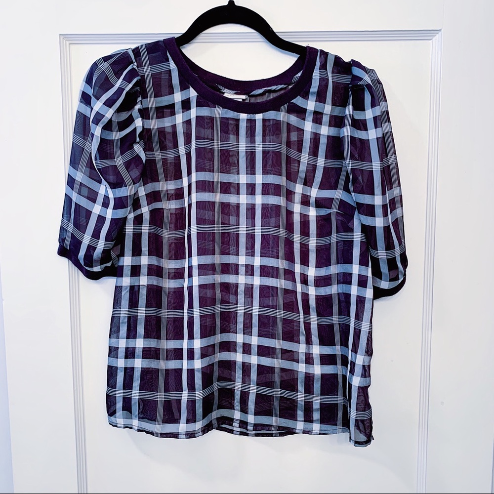 ✨ a new day Navy and White Plaid Sheer Top - S